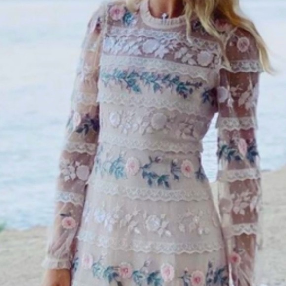 Needle & Thread x BHLDN Precious Rose 2 / XS Pink Embroidered Sequin Lace Formal - Picture 11 of 16